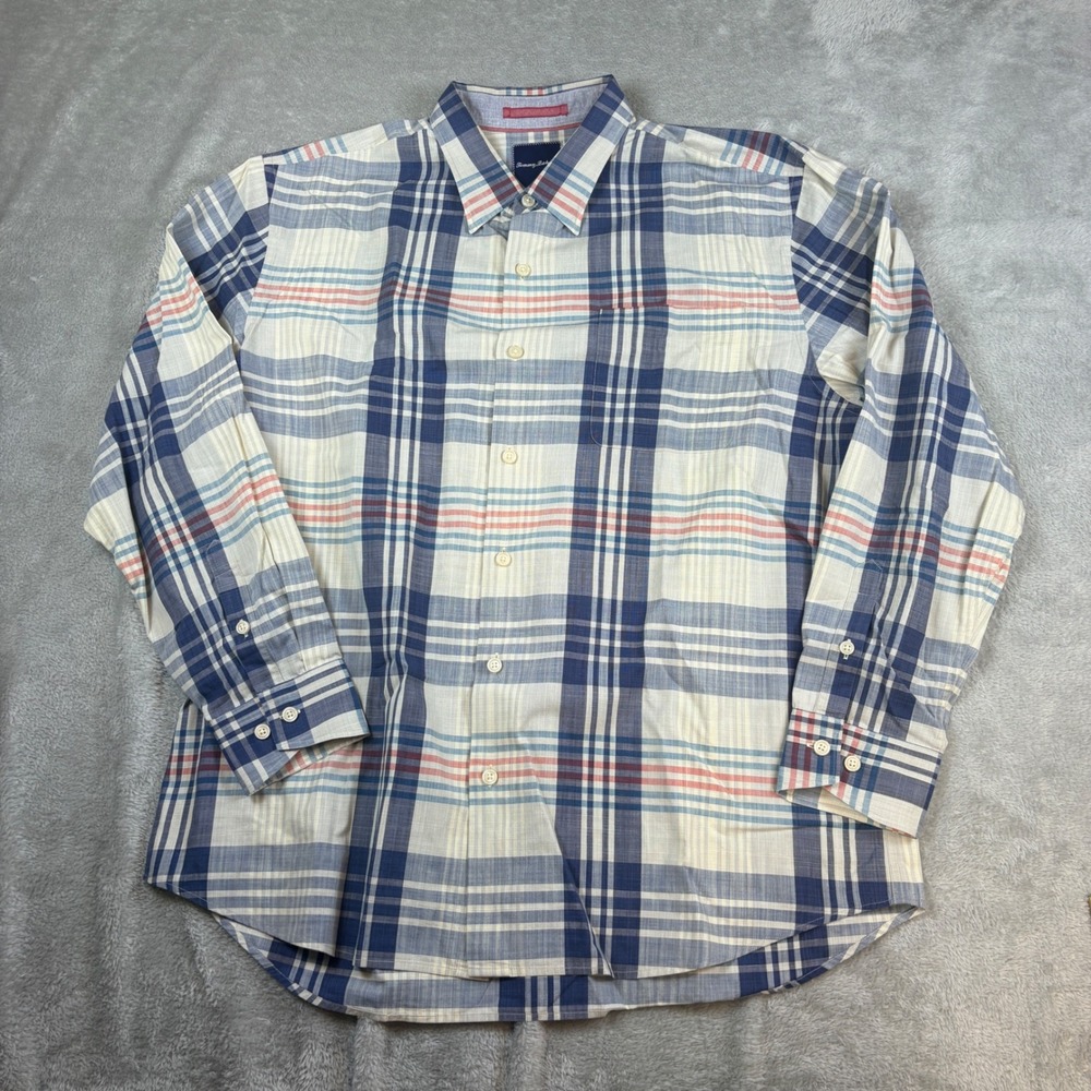 Tommy Bahama Shirt Men XL Plaid Long Sleeve‎ Button Down Blue Red White Cotton